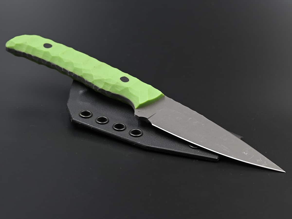 Carving outdoor knife with green handle and stonewash finish